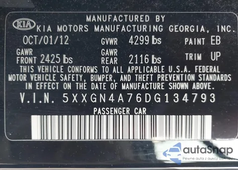 2013 Kia Optima Ex z USA, uszkodzony, nr VIN 5XXGN4A76DG134793